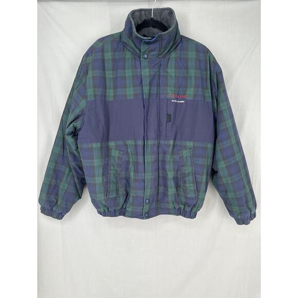90s Vintage Ralph Lauren Jacket Mens Medium Blue Plaid Down Green Full Zip Hood - Picture 1 of 6